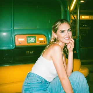 Smiling young woman wearing a white tank top and blue jeans sitting in a retro-styled green and yellow vehicle interior with neon lighting and a 90s flash photo effect.