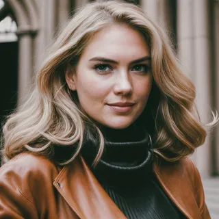 Close-up portrait of a blonde woman with flowing hair, wearing a black turtleneck and brown leather jacket indoors near Cologne Cathedral.