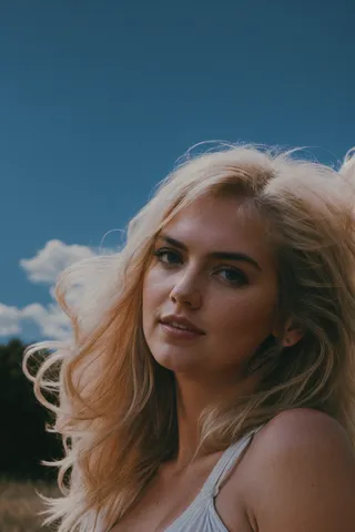 Portrait of a blonde woman with flowing hair in natural light, featuring vibrant colors and an 80's film grain aesthetic with a clear blue sky background.