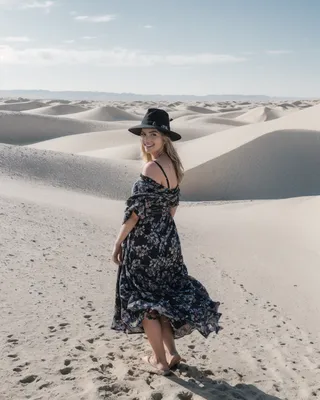 Smiling woman wearing a black floral dress and wide-brim hat standing barefoot on sandy desert dunes under a bright sky.
