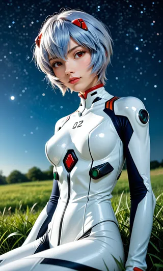 Realistic upper body portrait of Rei Ayanami wearing a white Evangelion bodysuit, sitting on green grass under a starry night sky with cinematic lighting and detailed face.