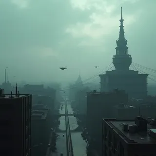 Dystopian eastern European cityscape with a towering citadel, cloudy skies, military helicopters flying overhead, and wires connecting the citadel to surrounding buildings.