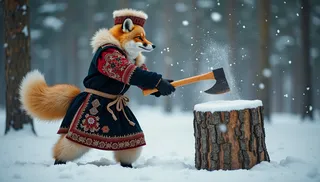 Anthro Siberian fox dressed in a traditional Russian embroidered tunic and fur-lined hat, swinging an axe to split a snow-covered tree trunk in a snowy forest with pine trees.