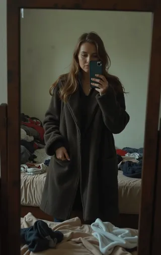 A woman taking a grainy selfie in a mirror while wearing a heavy dark fur coat, with a cluttered bed in the background under dim lighting.