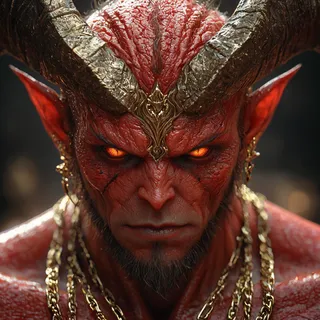 Photorealistic portrait of a red demon king with glowing orange eyes, highly detailed textured skin, large ornate horns, and adorned with golden chains, illuminated by dynamic cinematic lighting.