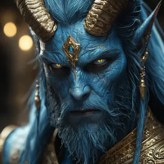 Close-up portrait of a blue-skinned tiefling with golden ornate accents, detailed horns, long hair, beard, and glowing yellow eyes with cinematic lighting.