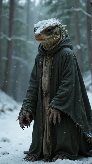 Anthropomorphic hybrid reptile standing in a snowy forest, wearing a dark cloak with a light layer of snow on scales and clothing, amidst falling snowflakes.