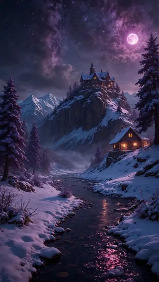 A photorealistic winter landscape at night featuring snowy mountains, a glowing purple moon, a cabin by the river, and a majestic house atop a steep cliff.