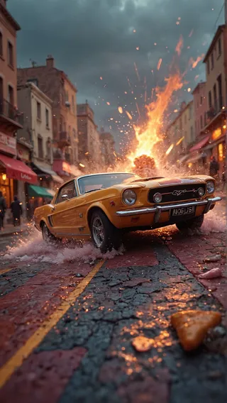 A vibrant yellow classic Mustang car driving down a wet urban street with a large fiery explosion behind it, surrounded by detailed buildings under a cloudy sky.