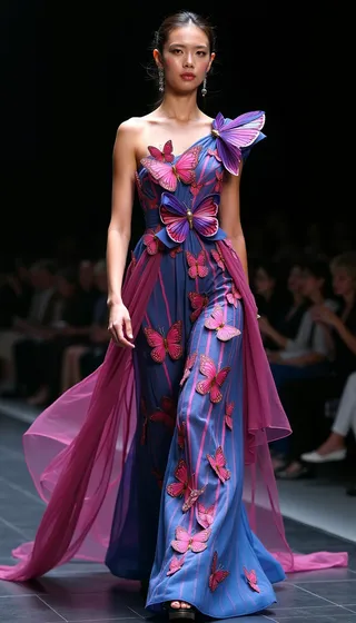 Runway model wearing an elegant designer gown embellished with large and small butterfly motifs in shades of purple and pink, walking on a fashion stage.