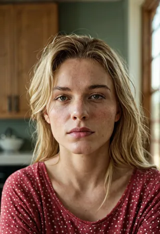 Close-up portrait of a young woman with freckles and natural skin texture, lit by soft golden hour light in a kitchen setting