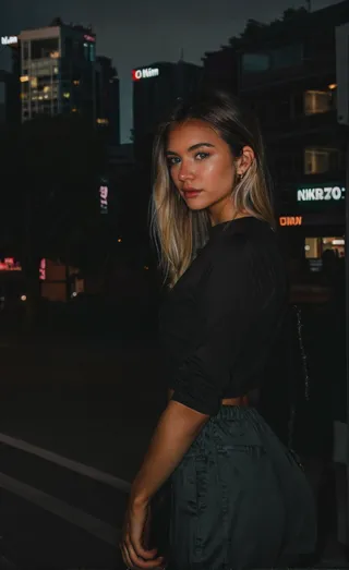 Portrait of a young woman with blond hair and tan skin posing dynamically on a night city street with buildings and lights in the background