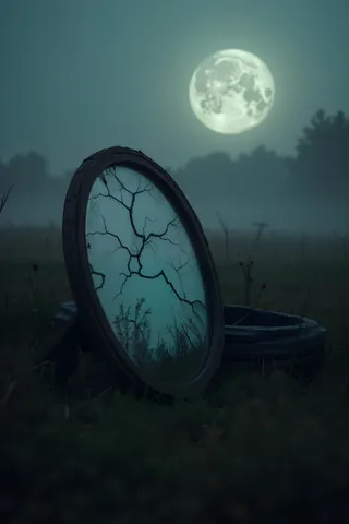 A cracked mirror leaning against an old stone well in a misty meadow at night, reflecting the pale, eerie glow of the full moon in the foggy sky.