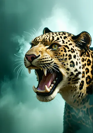 Close-up of a panther-like big cat with sharp teeth roaring fiercely against a misty greenish background, featuring highly detailed fur and expressive eyes.