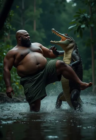 A large bald bearded man wearing green fatigue shorts performs a roundhouse kick to the snout of an aggressive alligator in a swamp at night with water splashing around.