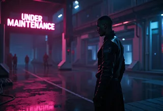 Contemplative figure Clue stands in a neon-lit digital environment with a glowing 'Under Maintenance' sign in the background, evoking the Tron universe style.