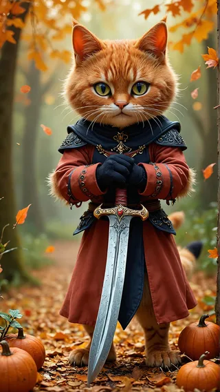 Anthropomorphic orange tabby cat dressed in ornate medieval attire holding a large detailed sword in an autumn forest surrounded by pumpkins and falling leaves.