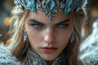 Close-up portrait of a beautiful but evil ice queen with piercing blue crystal eyes, wearing a detailed ice crown and ice dress, illuminated with dynamic lighting.