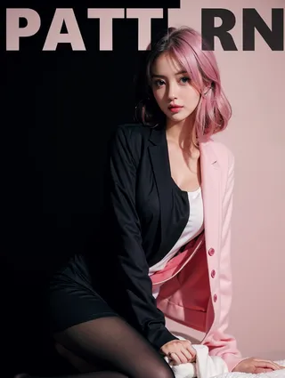 Portrait of a young woman with pink hair wearing a black blazer and white top, seated against a dual-tone black and pink background, looking directly at the viewer.