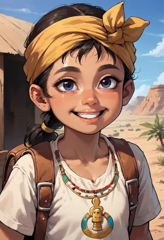 Close-up of a happy young adventure girl with a ponytail and a yellow headband, wearing a backpack and an ancient Egyptian necklace, standing in a desert with a treehouse and mountains in the background.