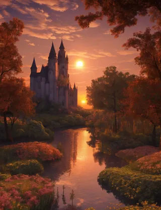 A vivid sunset scene with an orange-roofed gothic castle near a serene forest lake and river, surrounded by a lush spring garden with intricate foliage.
