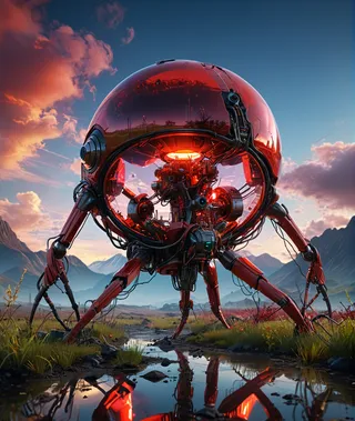 Red bioengineered living machine with transparent spherical body, multiple angular legs, and intricate inner mechanical details, reflected in water outdoors during golden hour.