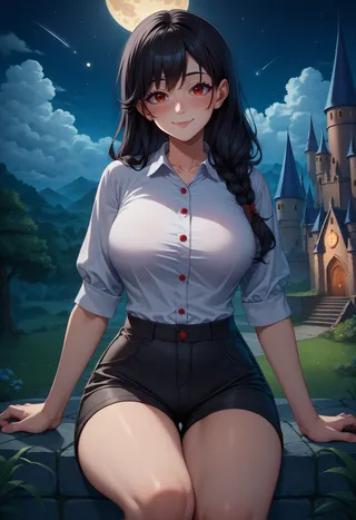 A black-haired girl with red eyes wearing a white shirt and black shorts sits on a stone ledge at night, with the Hogwarts castle on a hill behind her under a full moon and shooting stars.