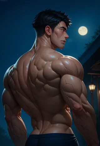 Muscular young man with short black hair, visible veins, and sweat, looking to the side under the moonlight in a dark, cinematic night environment.