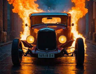 Front view of a vintage Ford T car with headlights on, engulfed in dramatic flames, featuring deep contrasts and warm cinematic lighting.