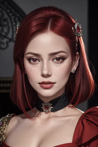 A woman with striking red hair and red eyes wearing a black choker with a red jewel, a tiara, and elegant jewelry, dressed in a rich red gown.