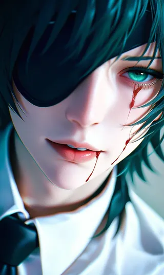 Close-up portrait of a girl with black hair wearing an eyepatch over one eye, a black necktie, and a white collared shirt. Her visible eye is green, and blood drips from it and her lips onto her pale skin.