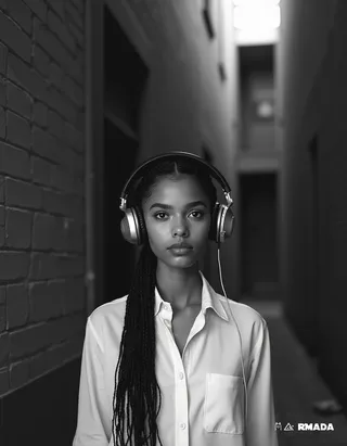 Black and white photo of a young woman with long braided hair wearing large headphones and a white shirt, standing in a dimly lit narrow alleyway.