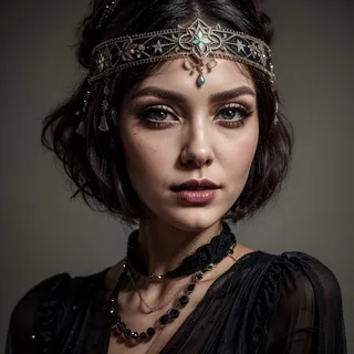 Portrait of a gothic woman from the roaring twenties with expressive eyes, wearing a velvet black gown and an ornate art deco headband.
