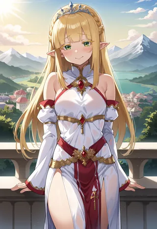 Princess with long blonde hair styled in crown braids and a hime cut, wearing a white and red royal dress with a tiara featuring a red gem, standing shyly on a balcony overlooking Swiss mountains and a village.