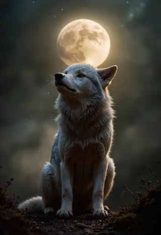 A majestic lone wolf sitting attentively under a large glowing full moon, bathed in silver moonlight with stars twinkling in the night sky.