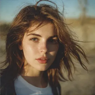 Close-up analog film portrait of a young woman with messy hair, soft lighting, and natural expression, captured with shallow depth of field and grainy vintage style.