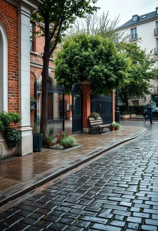 A Parisian pocket park on a street corner featuring wet cobblestone streets, weathered red brick buildings, a wrought iron gate, park benches, and lush green trees under early morning rain.