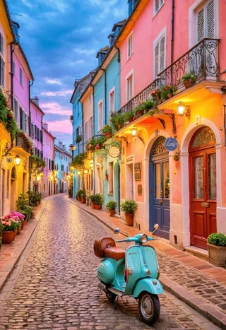 A vividly colorful cobbled street lined with pastel 19th century buildings, glowing street lamps, and a turquoise vespa parked in the foreground under a neon pastel sky at magic hour.