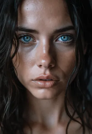 Close-up portrait of a woman with intense blue eyes, wet and glistening skin, dark wet hair, and a dark background enhancing facial features.