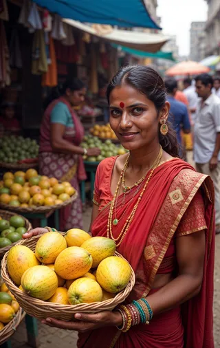 Indian woman in red saree holding a basket full of yellow mangoes, standing in a busy Indian market.