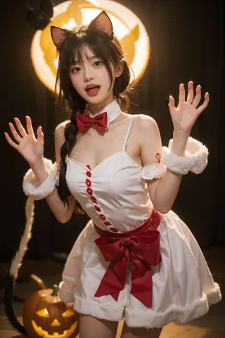 Girl in a white cat costume with a red bow, cat ears, fluffy tail, posing dynamically with glowing Halloween pumpkin in background