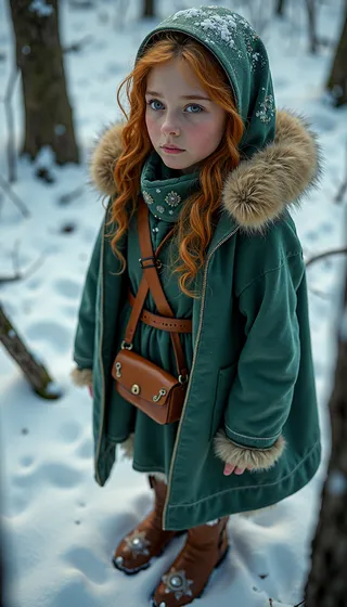 Young girl with golden-brown curls wearing a fur-lined green hooded coat and traditional winter accessories, standing in a snow-covered Siberian forest.