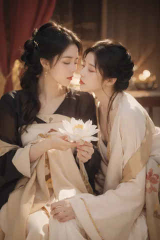 Two women dressed in elegant hanfu with hair styled in buns, sitting face-to-face, holding a glowing white lotus flower with closed eyes.
