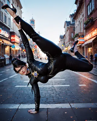 Woman in a black bodysuit and high heels performing a one-handed breakdance handstand on a street, wearing glasses and an updo hairstyle.
