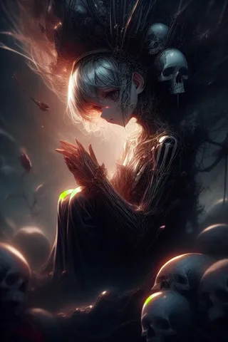 A dark fantasy themed image of a sorrowful female figure surrounded by skulls and roses, illuminated with dramatic Rembrandt lighting and intricate detail.