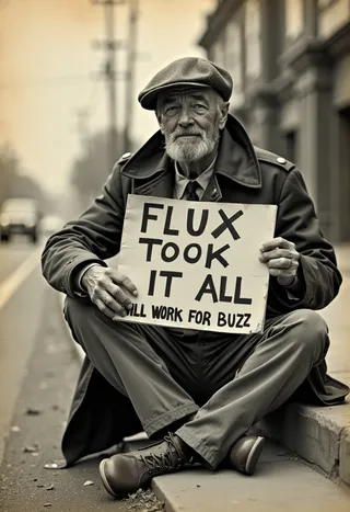 Sepia-toned photograph of a homeless man sitting on a city curb holding a sign that reads 'FLUX TOOK IT ALL WILL WORK FOR BUZZ', dressed in 1950s-style clothing.