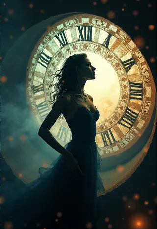 Silhouette of a mysterious time travelling woman standing inside a large antique clock face with Roman numerals, surrounded by warm glowing orbs and dark mist.