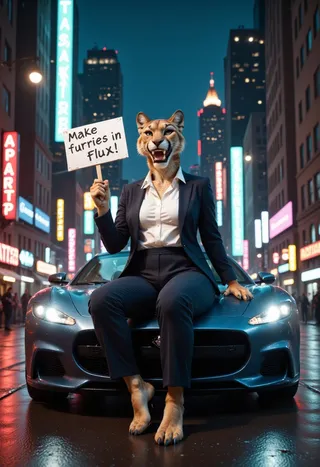 Photorealistic image of a slender cougar woman with fur and fangs wearing a suit sitting on a sports car at night in a neon-lit city holding a sign that reads 'Make furries in flux!'