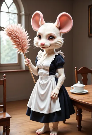 Cute furry female mouse girl with white fur and long whiskers, dressed in a French maid outfit, happily cleaning furniture using a feather duster indoors.