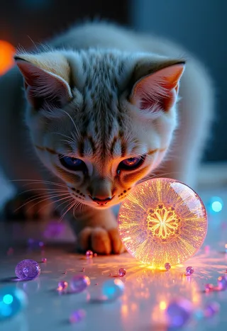 Macro photo of a cute kitty cat playing with colorful glass candy shards and a glowing mandelbulb fractal orb on an opalescent countertop with nebulae bubbles and three-point lighting.
